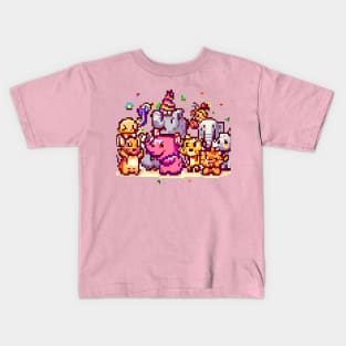 A group of animals having a party or celebrating a holiday, pixel art Kids T-Shirt